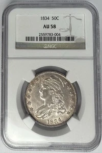1834 Capped Bust Half Dollar 50¢ NGC AU58🌐ORIGINAL LUSTER, RAINBOW REVERSE🌈 - Picture 1 of 3