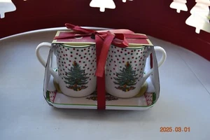 Spode Christmas Tree (3 Pc Set) POLKA DOT 10oz Mug & Tray Set Porcelain VTG 1990 - Picture 1 of 8
