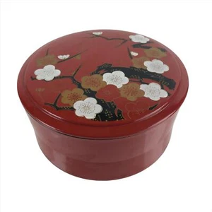 Japanische Harz Lack Replik Deckel Bento Brotdose Vintage Rund Pflaume Rot L224 - Bild 1 von 9