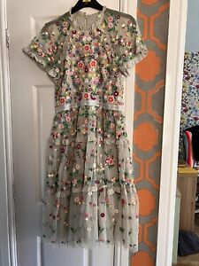 Needle and & Thread Lazy Daisy Embroidered Grey Floral Dress Size 14 ditsy rare