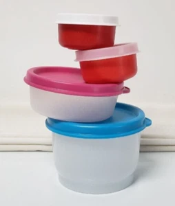 2 Tupperware Snack CONTAINERS, White w/Pink/Blue Lid & 2 Red Smidgets, IMPERFECT - Picture 1 of 19