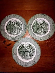 3 Vintage Colonial Homestead Green by Royal 10" Dinner Plate Made in USA - Picture 1 of 6
