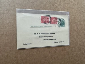 US 1946 Mixed Franking Postal Card #UX27 +UK KGVI 1d Pair +Illinois Mining Inst - Picture 1 of 1
