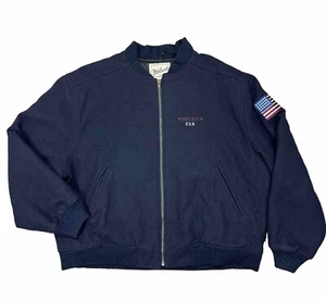 Vintage Woolrich Wool Bomber Jacket Navy Blue USA Flag Zip Up Men’s Size XXL 2XL - Picture 1 of 10