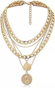 Gold Layered Necklaces for Women Trendy Retro Coin Pendant Necklace Dainty Chunk - Picture 1 of 9