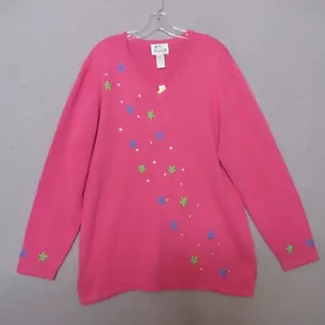 Vintage Quacker Factory Sweater Women Large Pink Star Embroidered Sequin New NWT - Picture 1 of 11