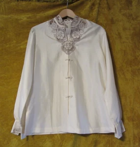 Vintage 50s Peony Chinese 100% Silk Blouse Hand Embroidered Cut Work Ivory 38 - Picture 1 of 9