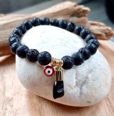 Pulsera Mano de Azabache, Black Lava Bead, Mal De Ojo, Protección, Buena Suerte Foto 1 de 4