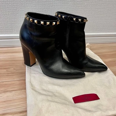 VALENTINO GARAVANI Rockstud Botas de Cuero Negras Tacones Gruesos Mujer Talla 37/US 7- Foto 1 de 4