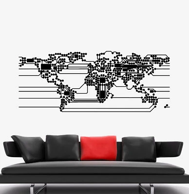 Vinyl Wall Decal Abstract World Map Earth Computer Microchip Stickers (1877ig) - Image 1 of 3