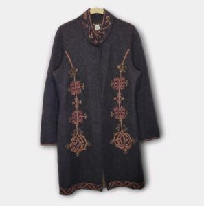 Peruvian Connection Baby Alpaca Long Duster Sweater Coat L Brown Embroidered