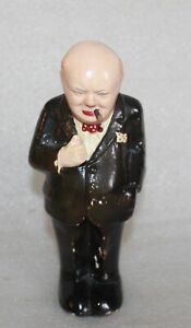 VINTAGE PLASTER FIGURE OF WINSTON CHURCHILL WEARING A BLACK SUIT & WITH CIGAR