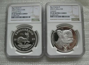 South Africa R5 2023 Silver Proof 1OZ Two Coin Leopard Krugerrand Privy NGC PF69 - Picture 1 of 7