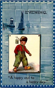 EVENING A Happy End to a Happy Day Dutch Boy Blue Tile Postcard - Picture 1 of 2