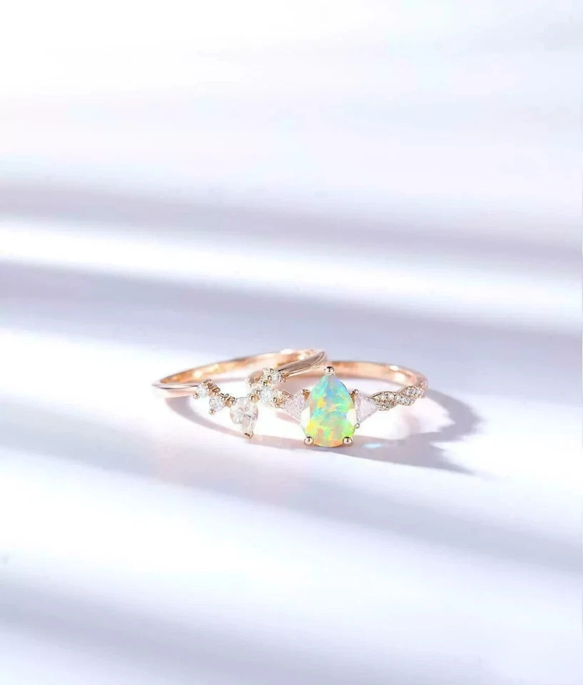 Комплект женских обручальных колец 1,50 карата с огненным опалом грушевидной огранки розовое золото 14 карат - Изображение 1 из 1