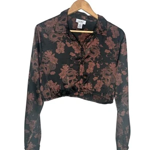 Just Polly Oriental Asian Dragon Crop Top Size XL Floral Black Long Sleeve - Picture 1 of 11
