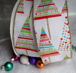 Wired Ribbon 2.5" wide Christmas Retro Tree Glitter Wreath  Bow - Picture 1 of 5