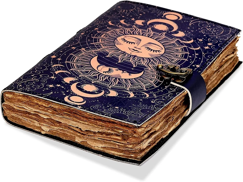 Sun & Moon Printed Journal Handmade Deckle Edge Old Grimoire Drawing Notebook - Image 1 of 1