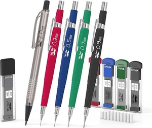 Mechanical Pencil Set 5 Sizes with Lead & Eraser Refills for Drawing (0.3-2mm) - Picture 1 of 7