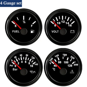 52MM Black 4 Gauge Set Oil pressure Temp Fuel Gauge Volt Meter Red LED US STOCK  - Picture 1 of 10
