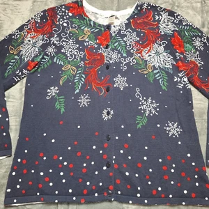 CHRISTOPHER & BANKS Christmas Cardigan Sweater Sz L Blue Snowflake Poinsettia - Picture 1 of 9