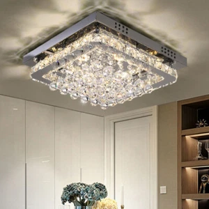 Large Crystal LED Ceiling Light Square Chandelier Lamp Living Room Modern Lights - Picture 1 of 24