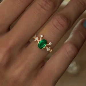 Lab Grown Green Emerald Gemstone Diamond Ring 1.20 Ct Oval Cut 14K Yellow Gold - Picture 1 of 11