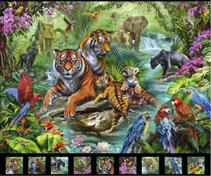 36" X 44" Panel Jungle Animals Block Jungle Paradise Cotton Fabric Panel D479.01 - Picture 1 of 1