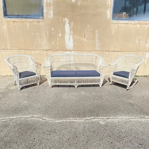 Antique Victorian Wicker Rattan Bentwood Sculptural Sunroom Sofa Set with Chairs Cover