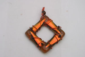 Fused Glass Diamond Shaped Pendant Copper Black Clear/Copper/Orange - Picture 1 of 2