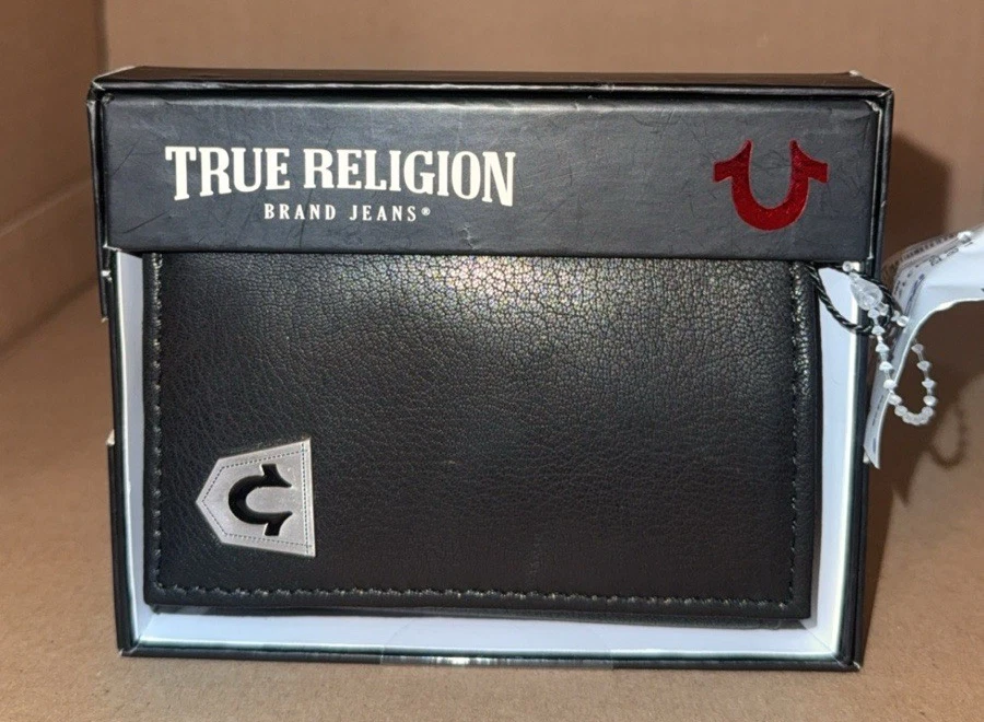 TRUE RELIGION Cartera Plegable TRI de Cuero Negro para Hombre NUEVA Foto 1 de 1