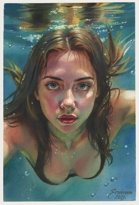 pintura original 20 x 30 cm 282SA obra acuarela mujer moderna bajo el agua Foto 1 de 4