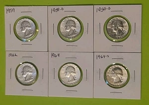 90% Silver Washington Quarter Set 1959 To 1964 6 Coins Total - Picture 1 of 16