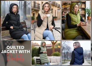 Chaleco acolchado acolchado con capucha de línea larga para damas Chaqueta con bolsillos laterales - Imagen 1 de 12