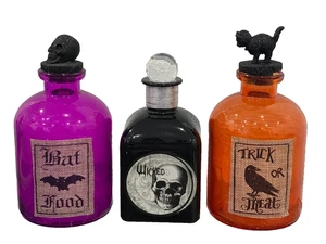 Halloween Décor Glass Bottles Lot of 3 Bat Food Trick Or Treat Wicked 8.5" Tall - Picture 1 of 8