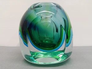 Murano Glass MCM Flavio Poli Sommerso Green Blue Faceted Cube Vase Candle Holder - Picture 1 of 13