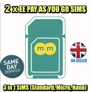 2 cartes SIM TRIO EE UK 4G/5G réseau PAY AS YOU GO NEUVES (standard/Micro/Nano) - Photo 1 sur 3