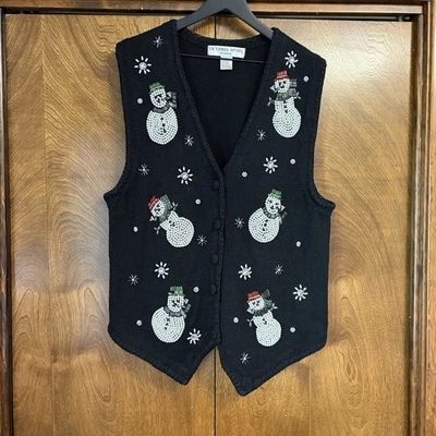 VTG Woman’s 1X Beaded Snowman Sweater Vest 90s Winter Christmas Buttons Gems Fun - Image 1 of 4