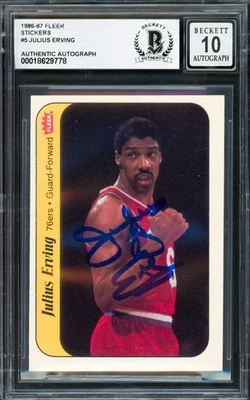 Julius Dr. J Erving Auto 1986-87 Fleer Sticker Card 5 76ers Auto 10 Beckett 9778 - Image 1 of 2