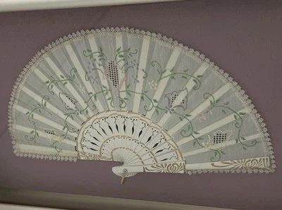 Antique Victorian Lace Fan Framed in Shadow Box HandPainted Embroidered Art - Image 1 of 4