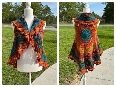 Novo Colete Mandala Círculo Boho de Crochê Feito à Mão Tons de Terra Malha Multicolorido Envoltório - Imagem 1 de 4