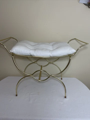 Vintage 25” Vanity Bench Brass Seat Dressing Chair Scroll Makeup Bath Stool Cover