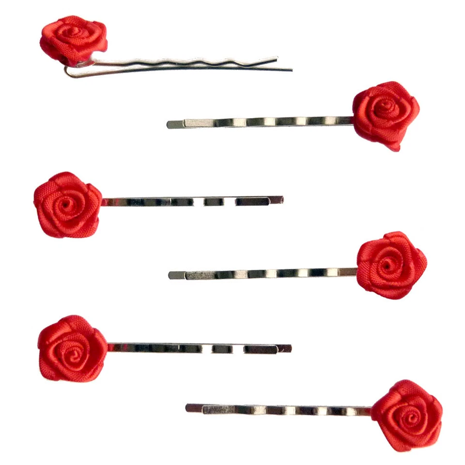 6 épingles pinces plates cheveux mariage fleur mini roses en satin rouge vif - Photo 1/1
