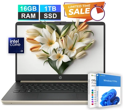 HP Laptop Computer Office 2024 Notebook 14" Intel i3 16GB RAM 1TB SSD Win 11 Pro - Image 1 of 4