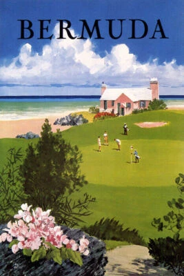 GOLF SPORT BERMUDA ISLAND PARADISE BEACH TRAVEL TOURISM VINTAGE POSTER REPRO - Image 1 of 3