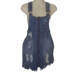 Dollhouse Distressed Zip Front Micro Mini Denim Overall Dress Size JR 1 - Picture 1 of 4