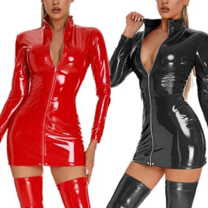 FEESHOW Womens Sexy Wet Look PVC Leather Clubwear Long Sleeve Zipper AU - Picture 1 of 28
