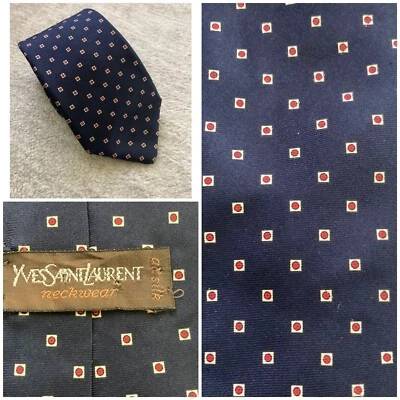 Gravata Yves Saint Laurent masculina 100% seda gravata geométrica quadrados círculos azul - Imagem 1 de 4