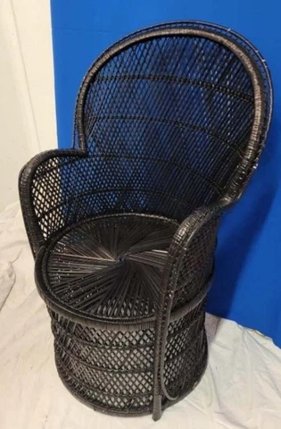 Vintage Rattan Wicker Peacock Chair Black Seat Cushion Accent Pillow Cover