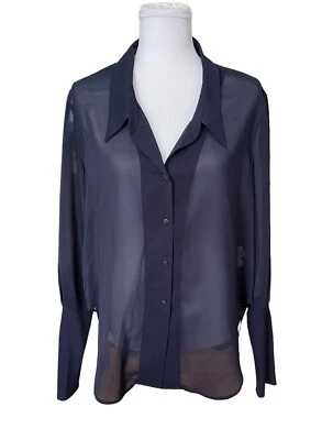 Theyskens’ Theory Sheer Navy Blue Blouse Small Split Back Neck Collar Long Cuffs Foto 1 de 4